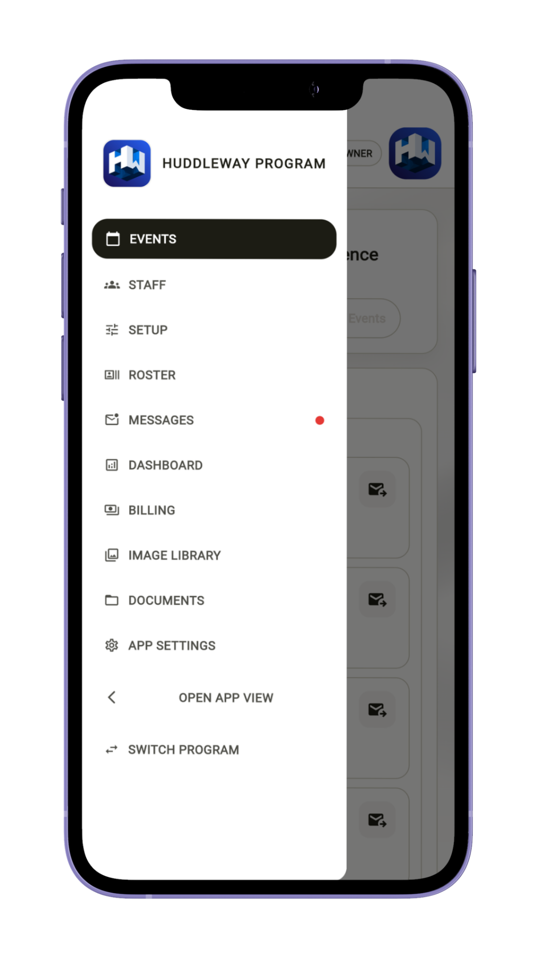 App menu prominently featuring the program logo and colors.