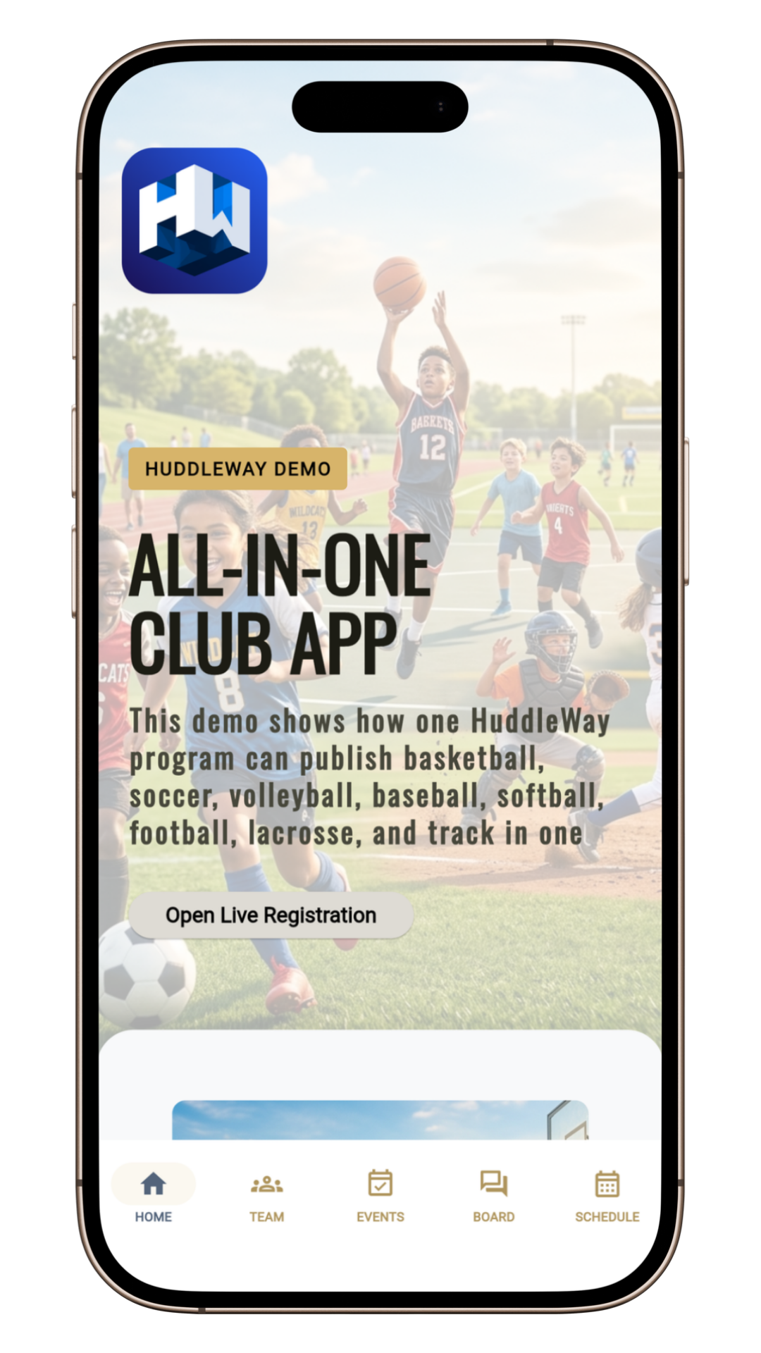 Program selection screen on an angled phone render.
