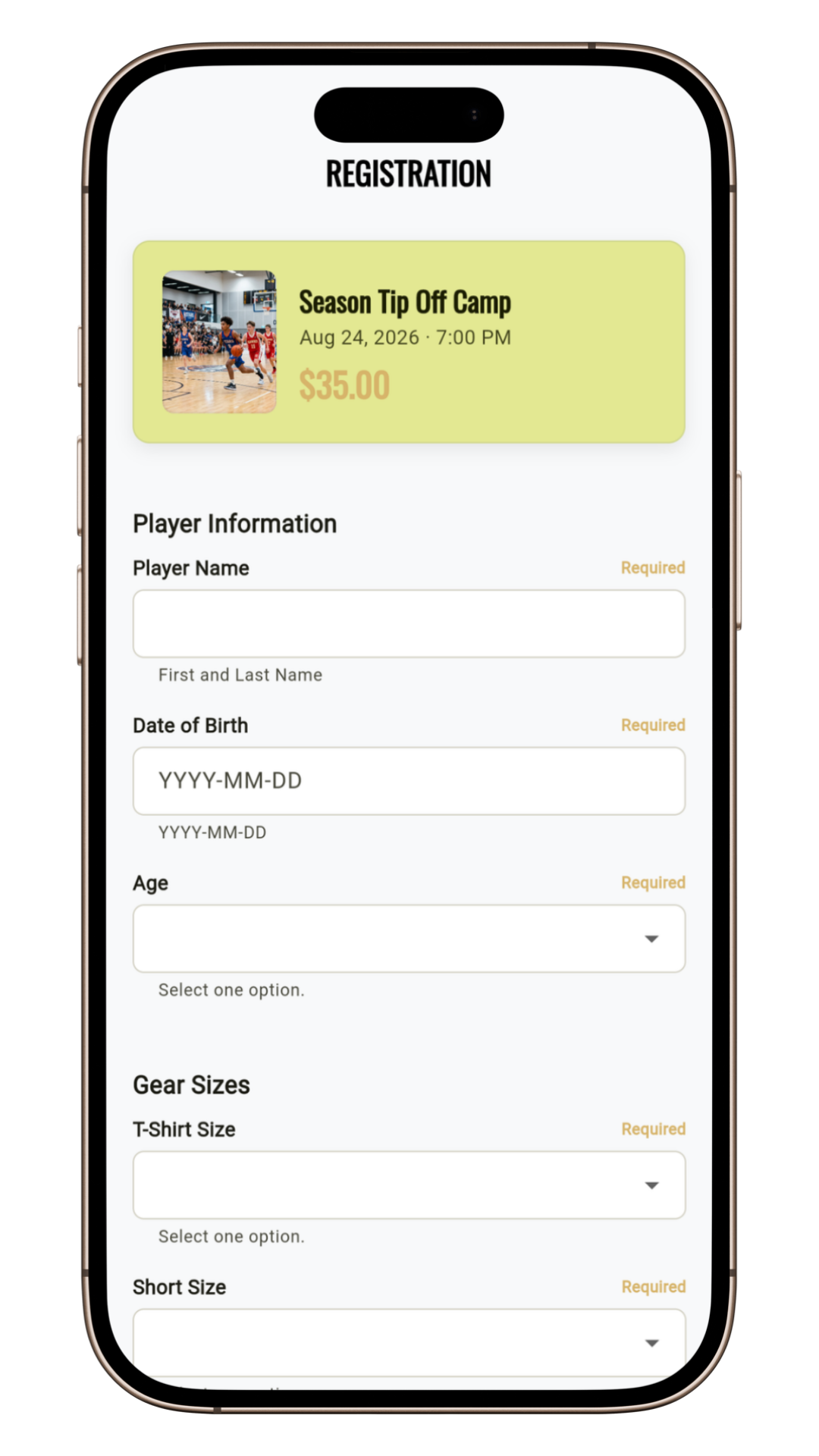 Branded HuddleWay landing screen with registration open.