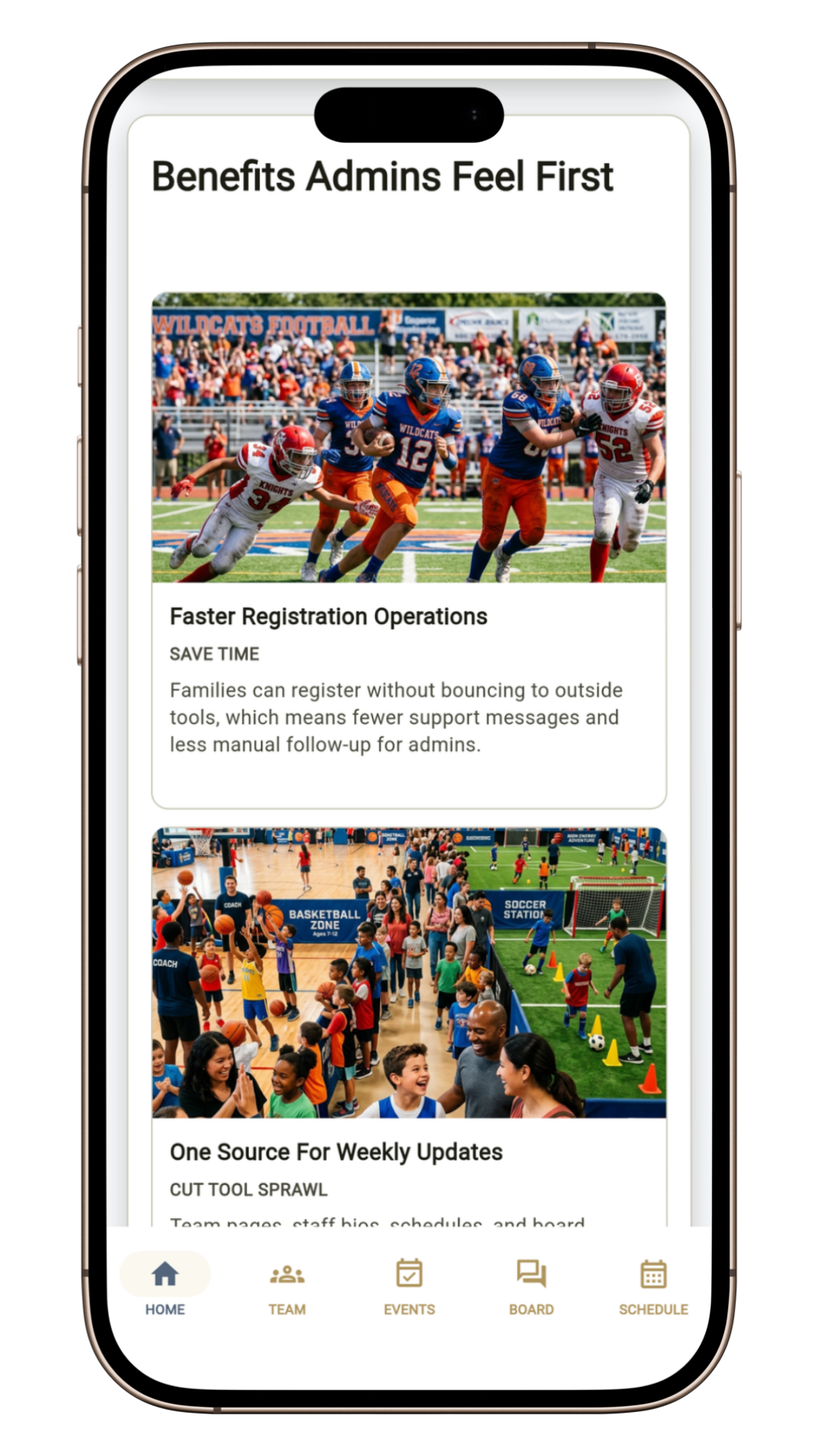 Family-facing HuddleWay home screen with featured program highlights.