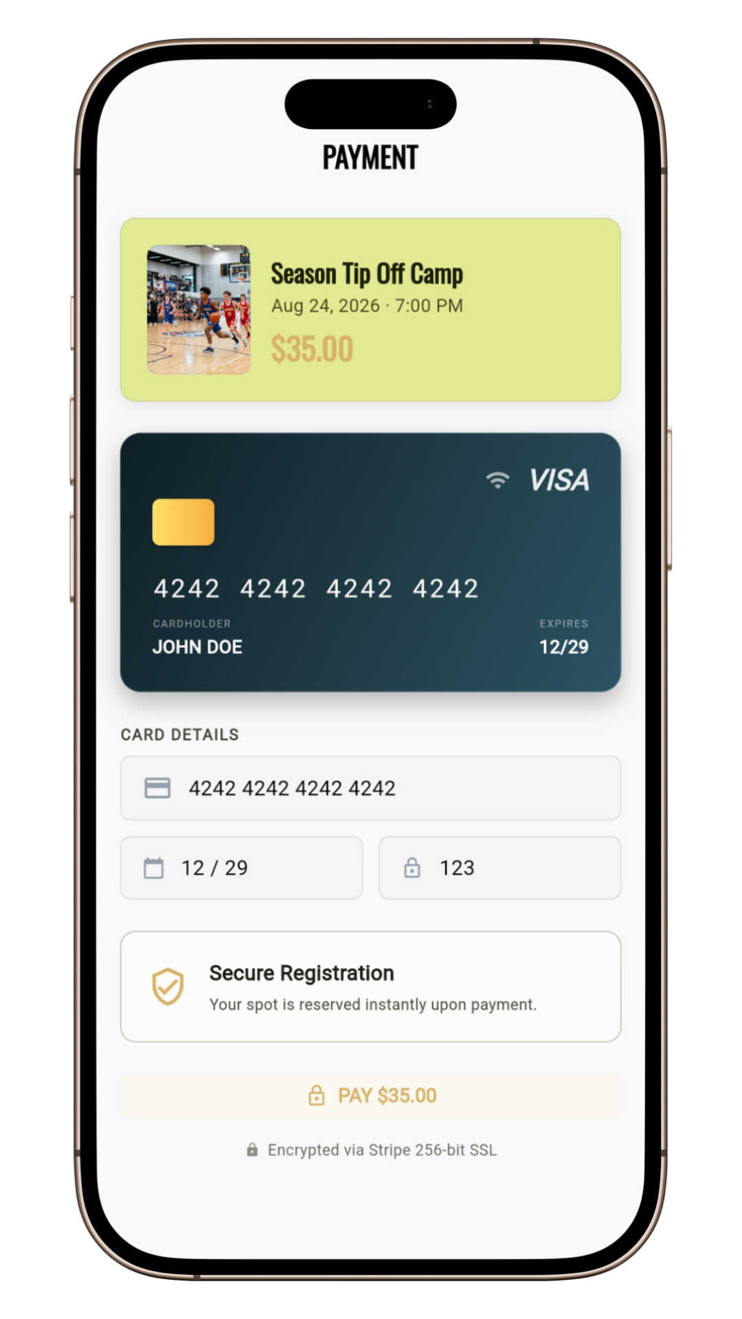 Payment and registration checkout screen.